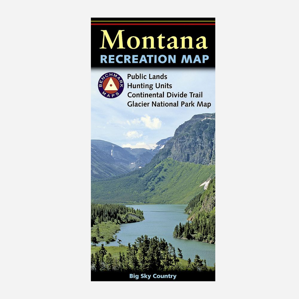 A vertical Montana Recreation Map cover shown against a light gray background. The cover features a scenic mountain lake landscape with green forests, blue water, and dark rocky peaks.