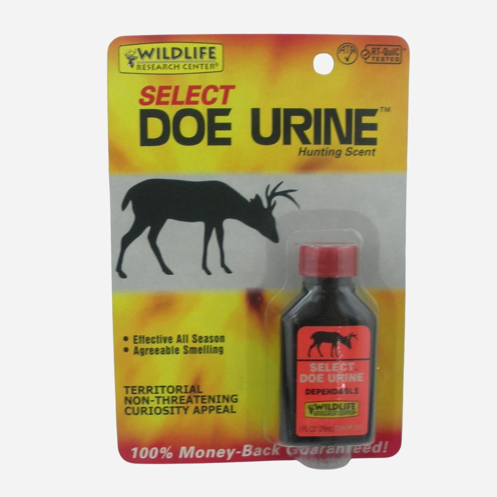 Packaging of Select Doe Urine hunting scent with a deer silhouette on a yellow background.