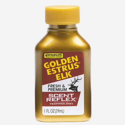 Bottle of Golden Estrus Elk scent with a yellow cap on a white background