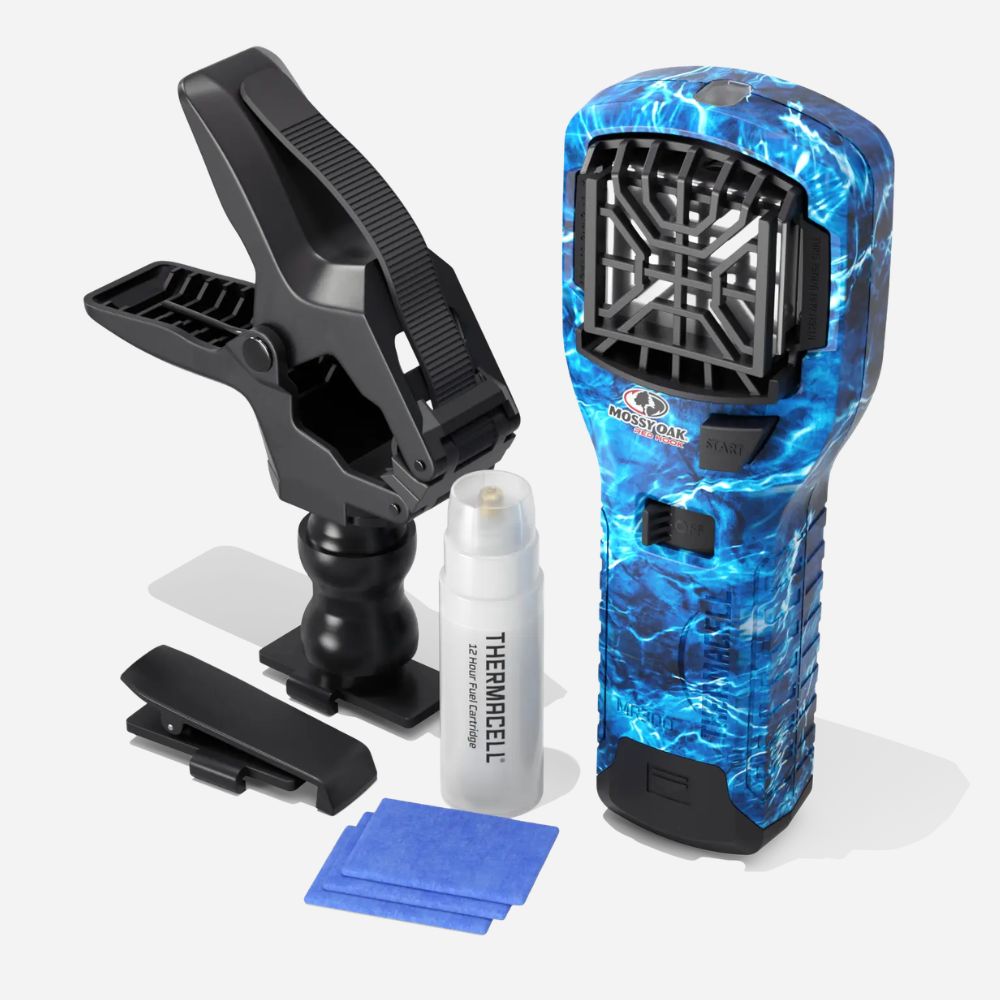 Blue handheld device with attachments on a white background