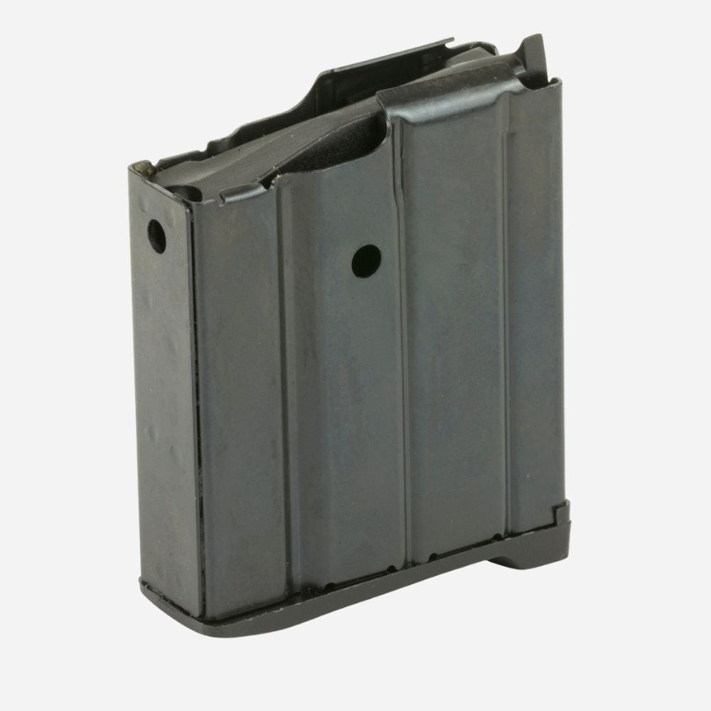 A black metal magazine, likely for a firearm, shown from a three-quarters angle against a plain light gray background.