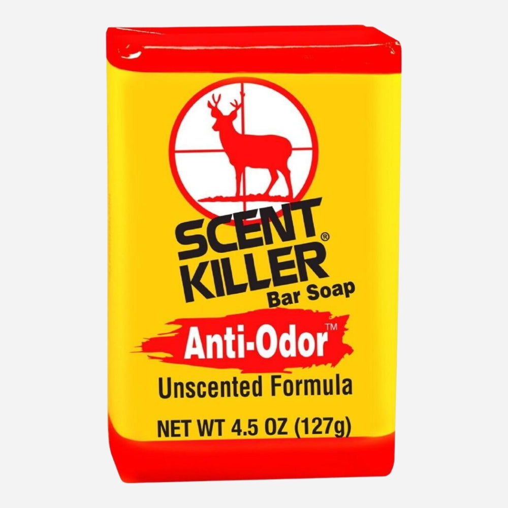 Scent Killer bar soap packaging with yellow and red design on a white background