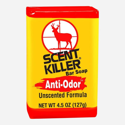 Scent Killer bar soap packaging with yellow and red design on a white background