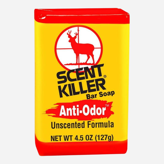 Scent Killer bar soap packaging with yellow and red design on a white background