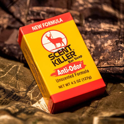Box of Scent Killer Bar Soap on a camouflage background