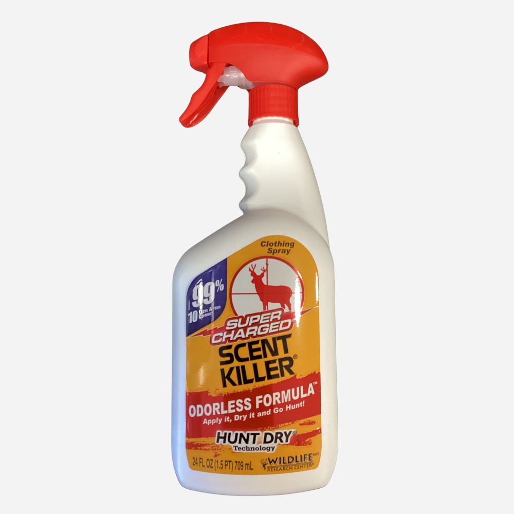 Spray bottle labeled 'Super Charged Scent Killer' on a white background