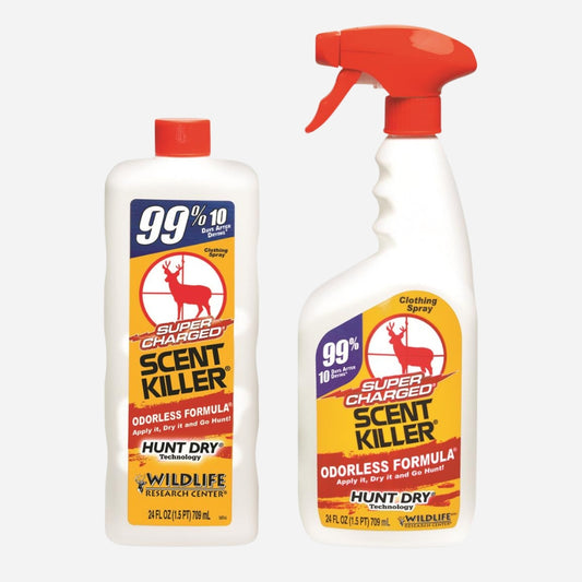 Two bottles of Super Charged Scent Killer on a white background