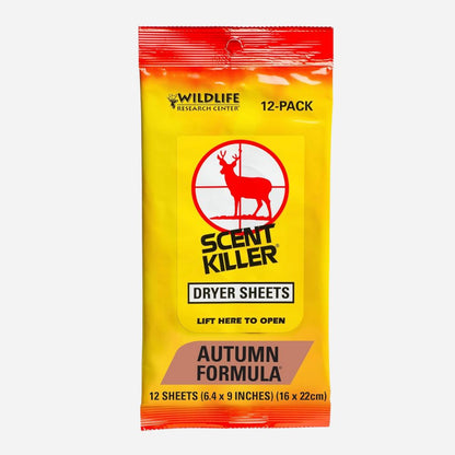 Pack of Wildlife Research Center Scent Killer dryer sheets with a yellow and red design.