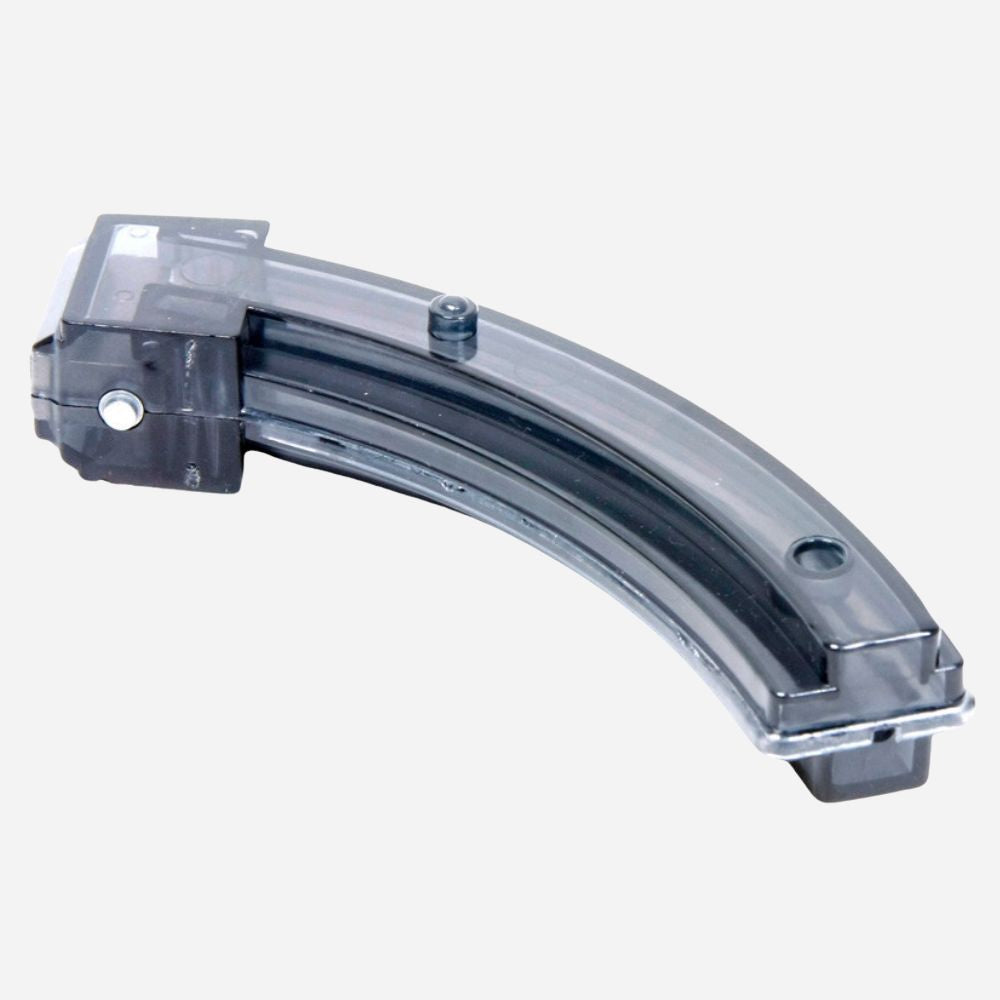 A curved transparent plastic magazine or drum component with a dark gray inner band and small silver fasteners, shown on a plain white background.