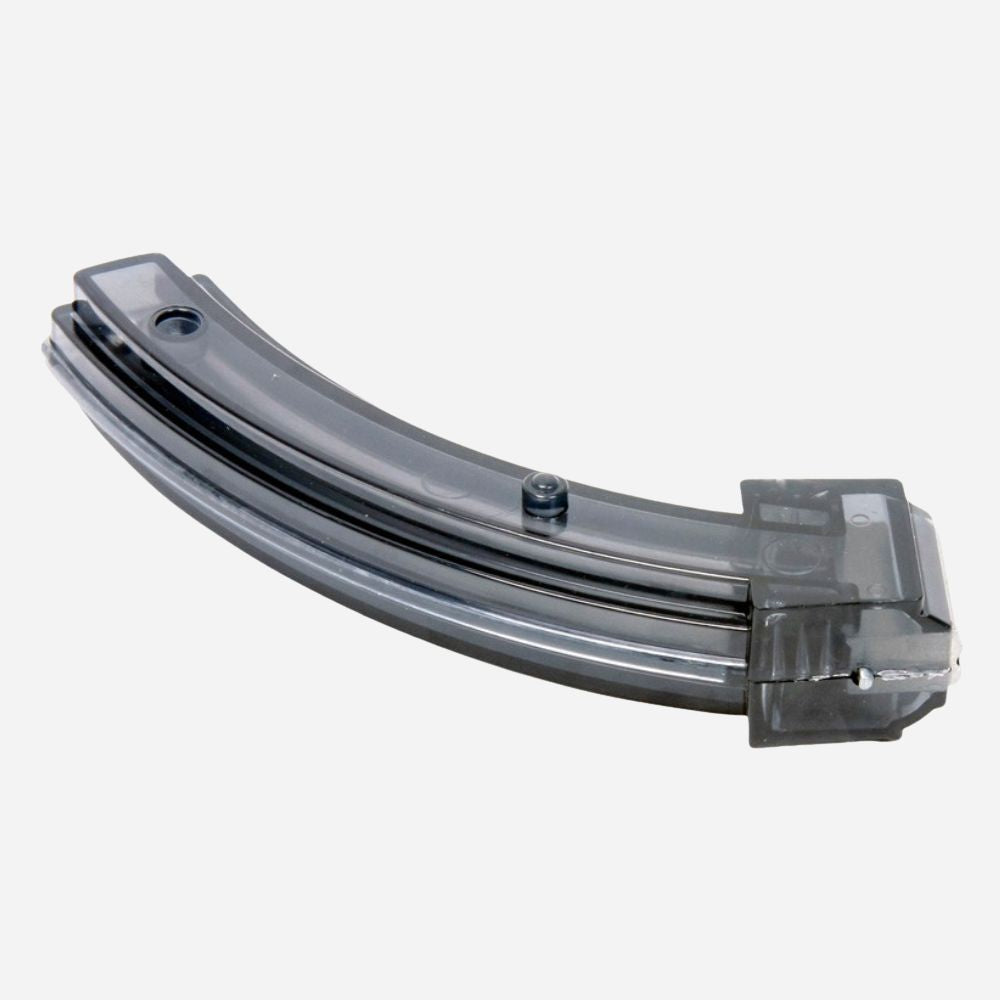 A curved translucent gray plastic magazine or container component on a plain white background.