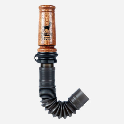 Wooden duck call with black flexible tube on a white background