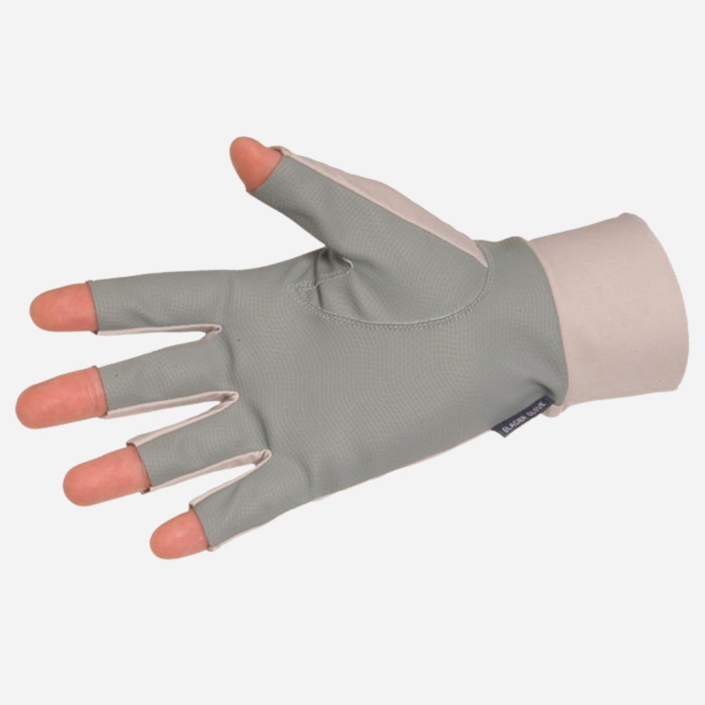Gray glove with pink fingertips on a white background