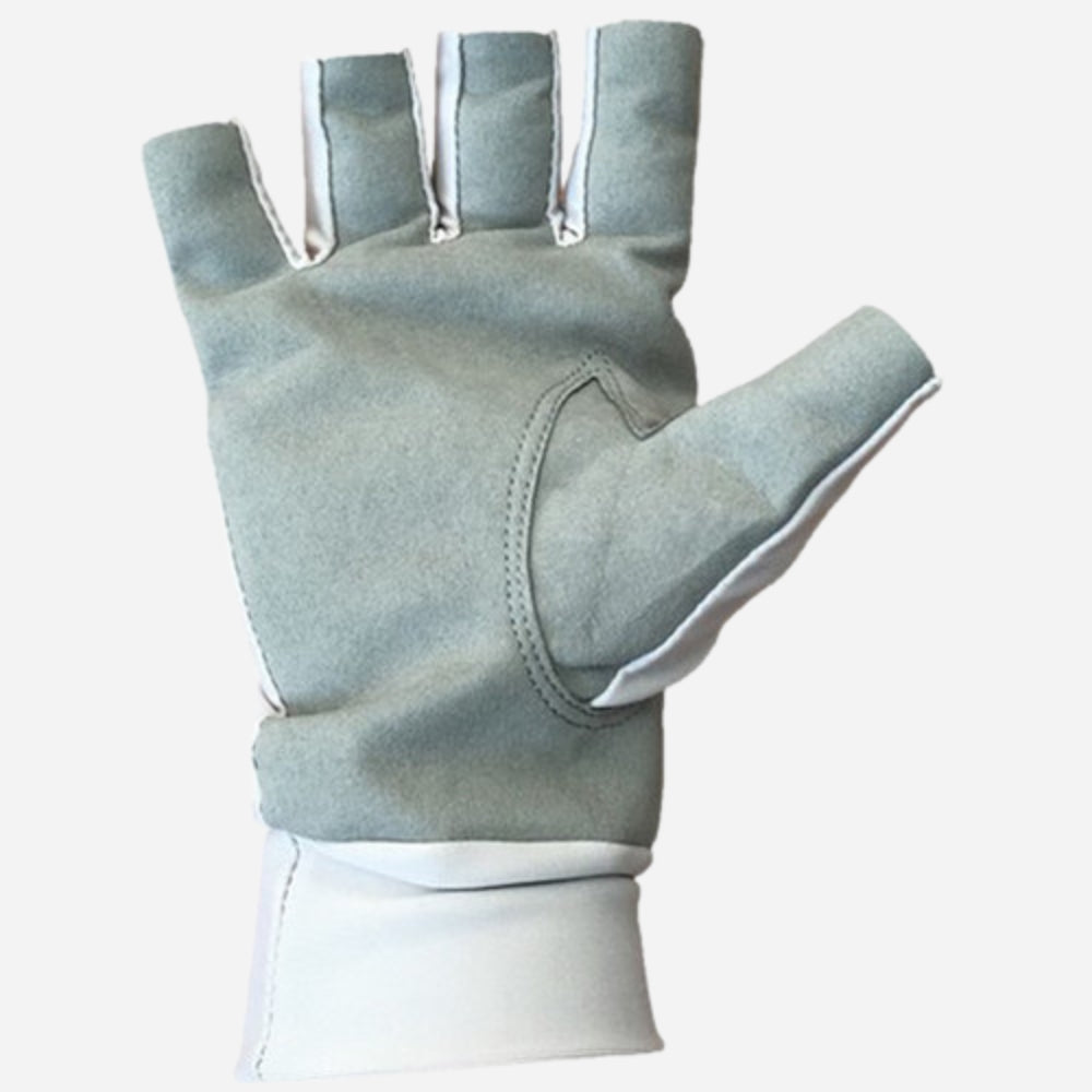 Gray fingerless glove on a white background