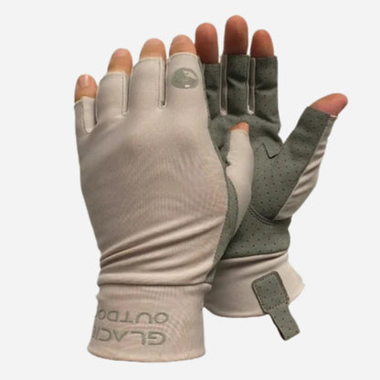 Pair of half-finger gloves in beige and gray on a white background
