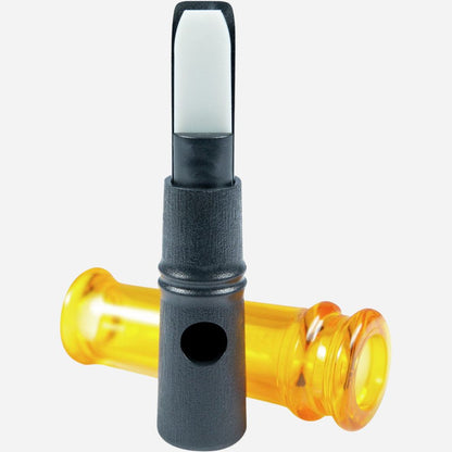 Clarinet mouthpiece with yellow and black components on a white background