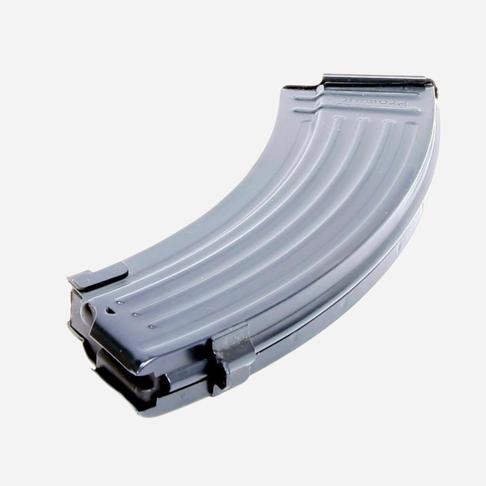 A curved gray plastic rifle magazine with ribbed ridges and black plastic end caps, shown on a plain light gray background.