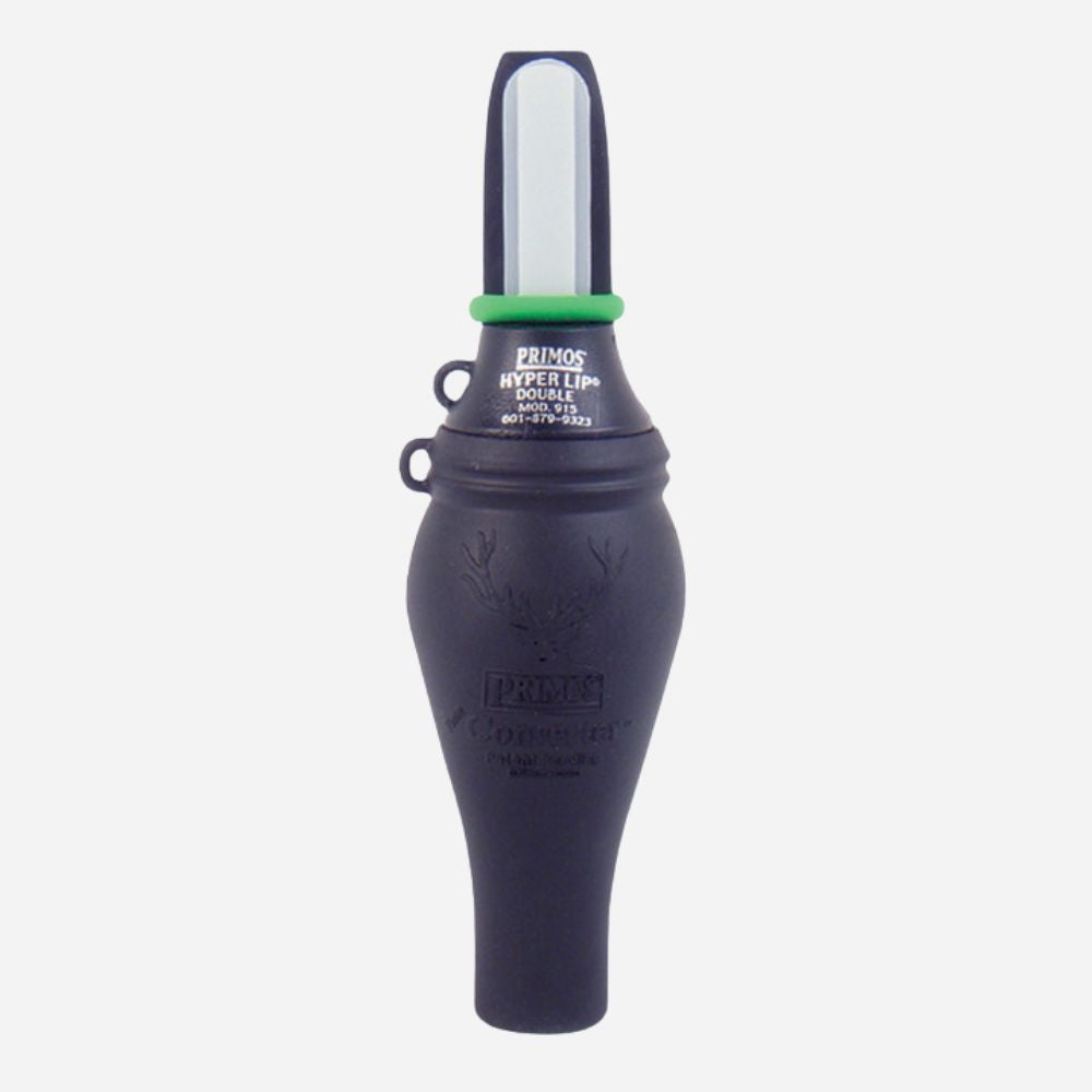 Black hunting call with green accent on a white background