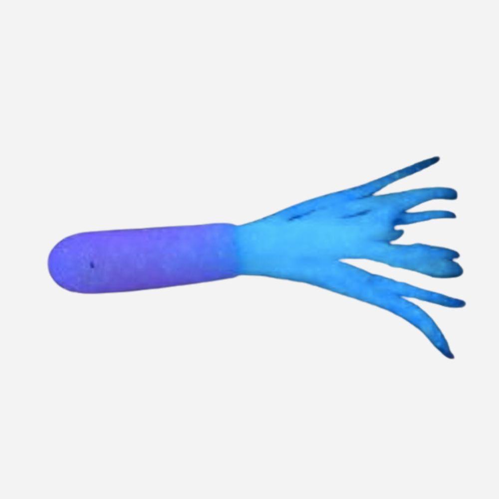 A novelty rubber glove shaped like a severed hand, featuring a purple-to-blue gradient, shown against a plain light gray background.