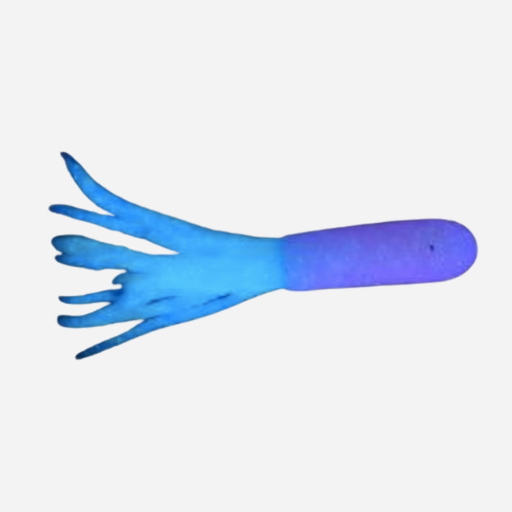A novelty costume prop shaped like a severed hand or claw with five fingers, featuring a bright blue body and a purple spherical head, isolated on a light gray background.