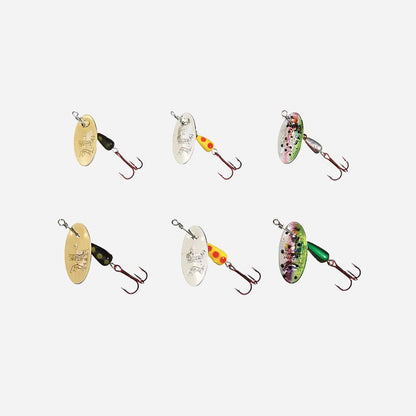 Six fishing spinners arranged in a 2x3 grid on a light gray background. The lures include gold, silver, green, yellow, and camouflage patterns with treble hooks.