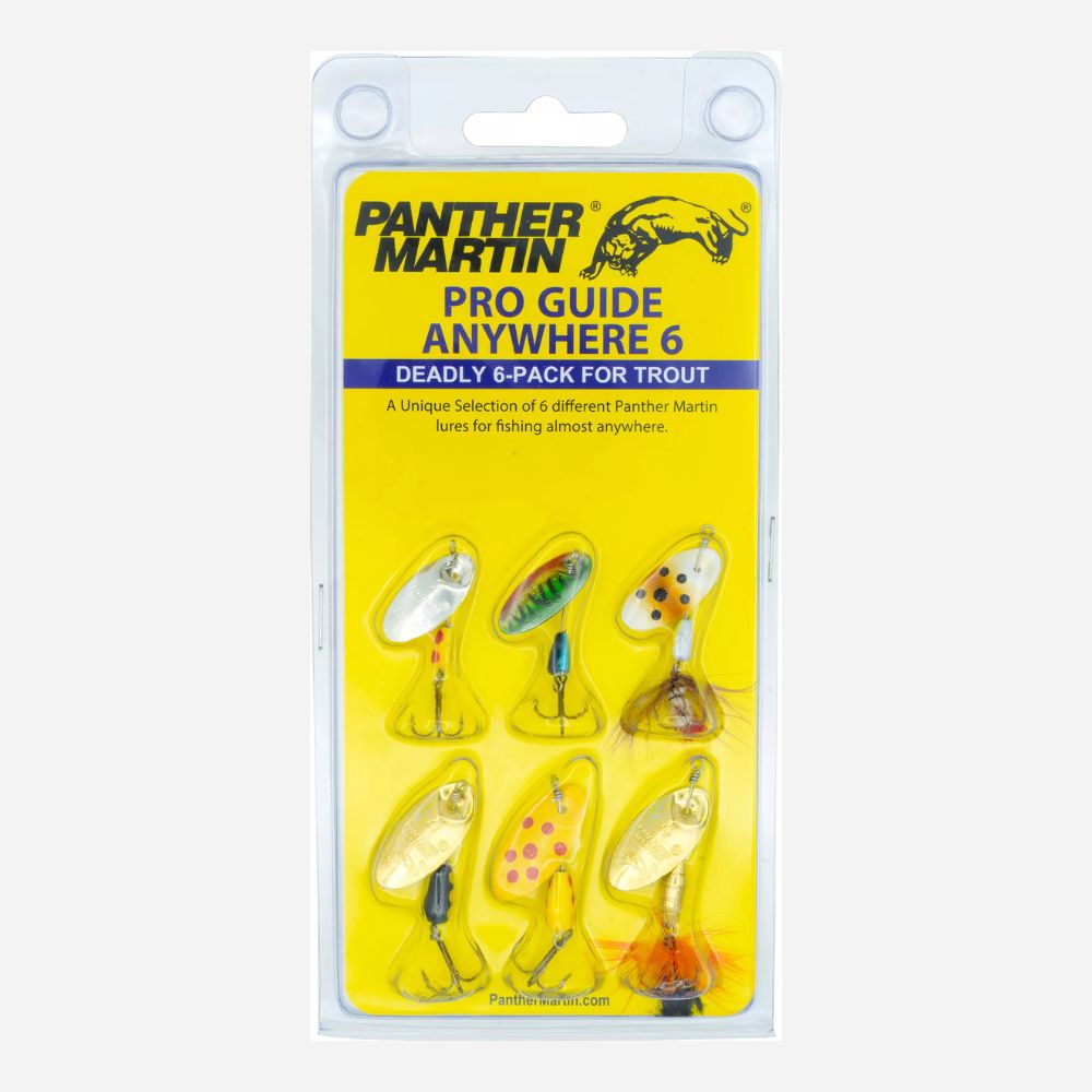 A retail blister pack of Panther Martin Pro Guide Anywhere 6 Deadly 6-pack for trout fishing lures, featuring six different crankbait-style lures in a bright yellow carded packaging.
