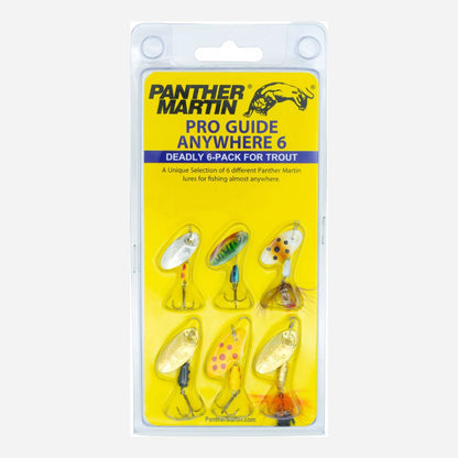 A retail blister pack of Panther Martin Pro Guide Anywhere 6 Deadly 6-pack for trout fishing lures, featuring six different crankbait-style lures in a bright yellow carded packaging.