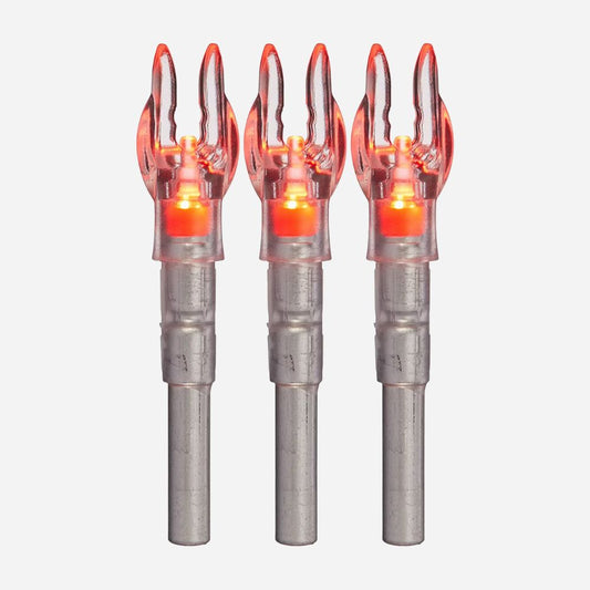 Three metallic arrow nocks with glowing orange tips on a white background