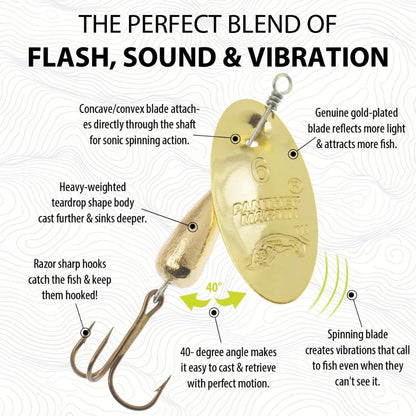 Gold Panther Martin spinner lure with concave blade, weighted body, and treble hook for flash, vibration, and long casting