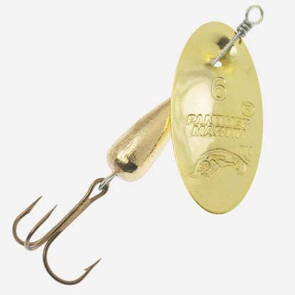 Gold Panther Martin inline spinner lure with treble hook and oval blade