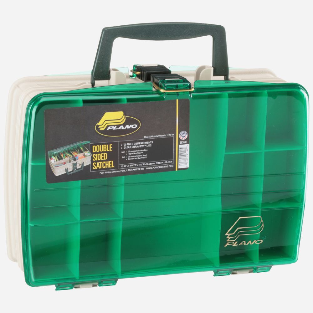 Green fishing tackle box with a visible Plano logo on a white background