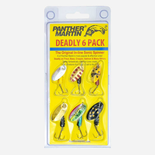 Panther Martin Deadly 6 Pack in-line sonic spinner fishing lures in a clear plastic blister pack with a bright yellow backing card.
