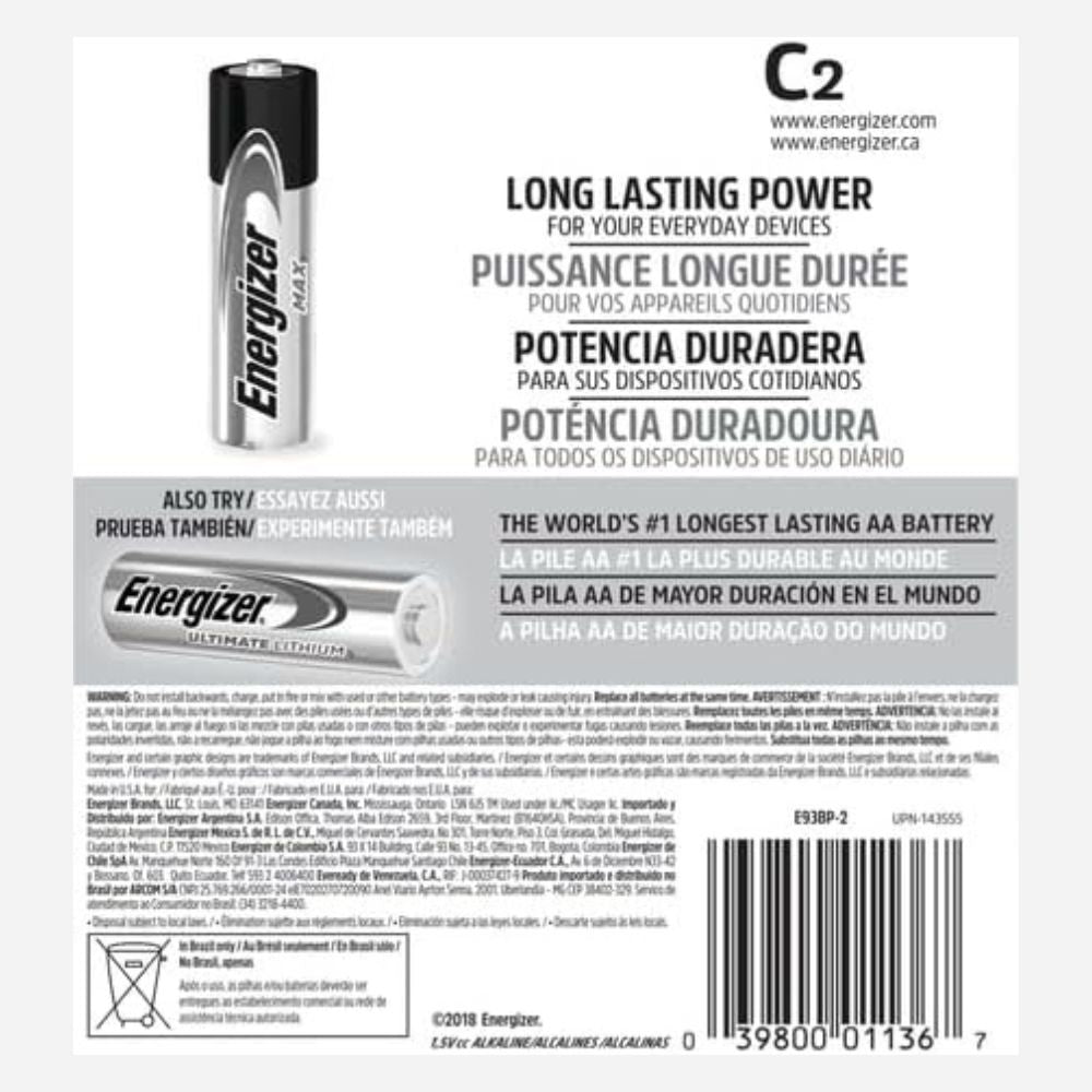 Energizer battery packaging with text about long-lasting power on a white background