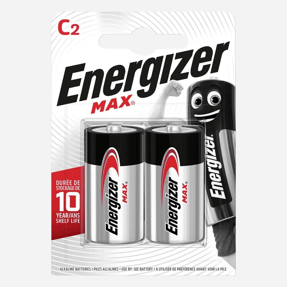 Energizer Max C2 battery package with two batteries inside.