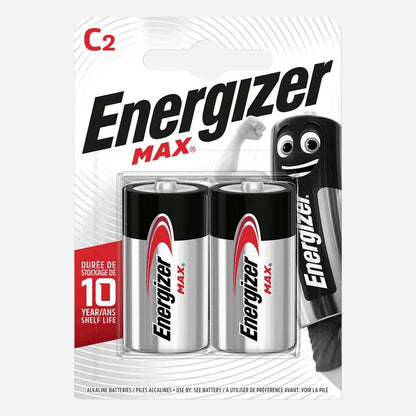 Energizer Max C2 battery package with two batteries inside.