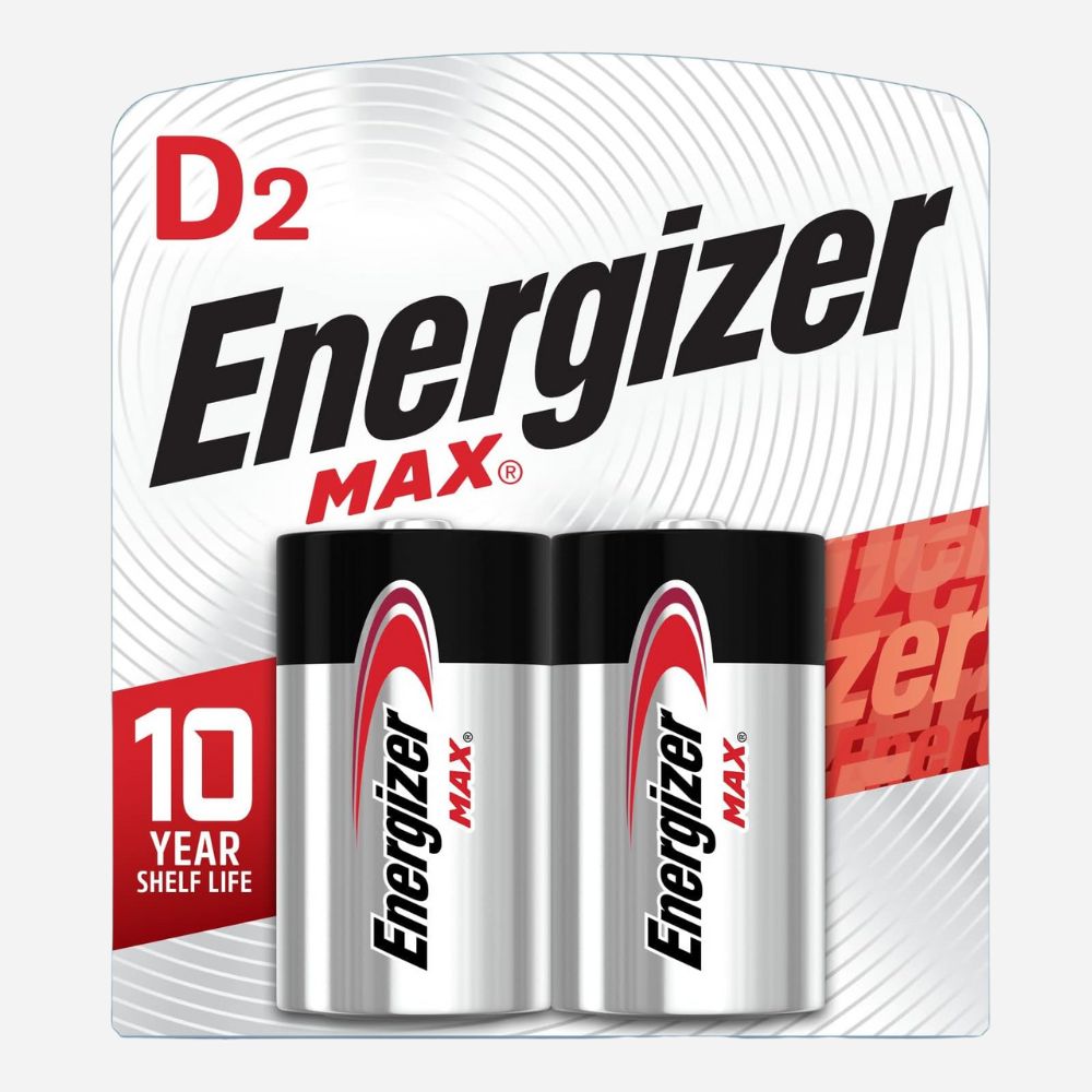 Energizer Max D2 battery package on a white background
