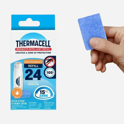 Thermacell mosquito repellent refill packaging with a hand holding a blue refill pad on a white background