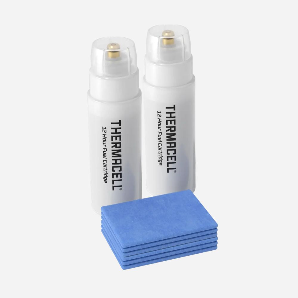 Two Thermacell carboard cartridges with a blue cloth on a white background