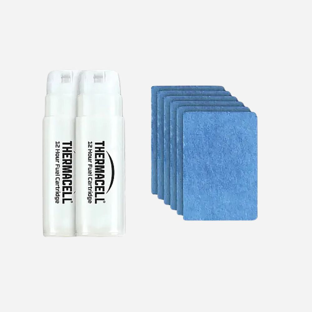 Thermacell mosquito repellent cartridges and pads on a white background
