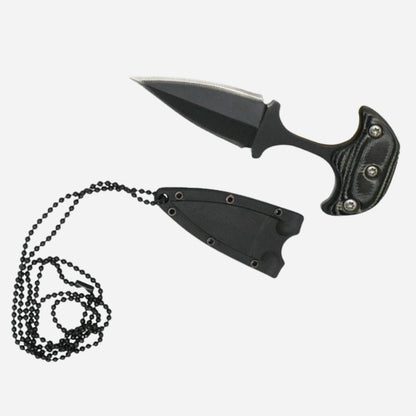 Black knife with sheath and chain on a white background