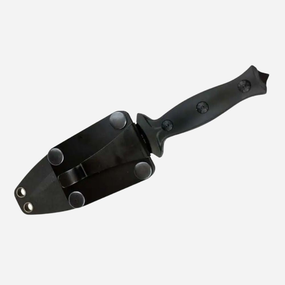 Black knife with sheath on a white background