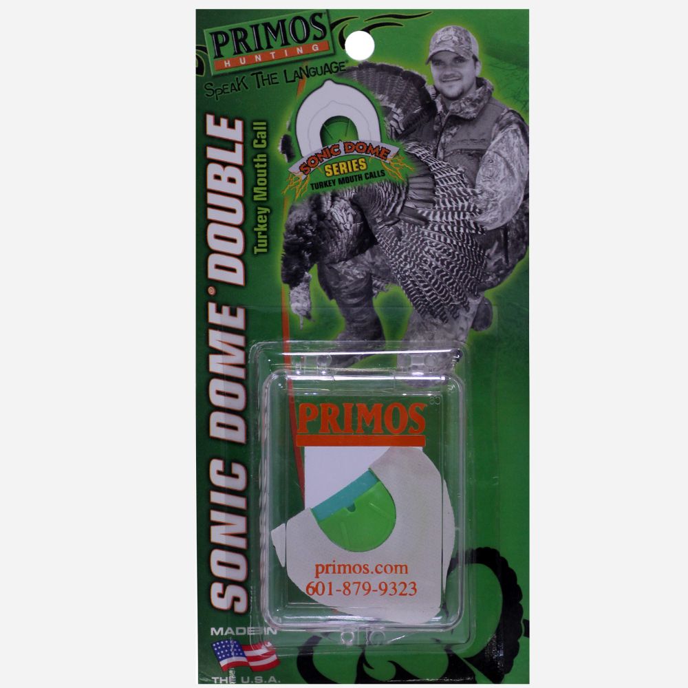 Primos hunting call packaging with a green background and turkey image.
