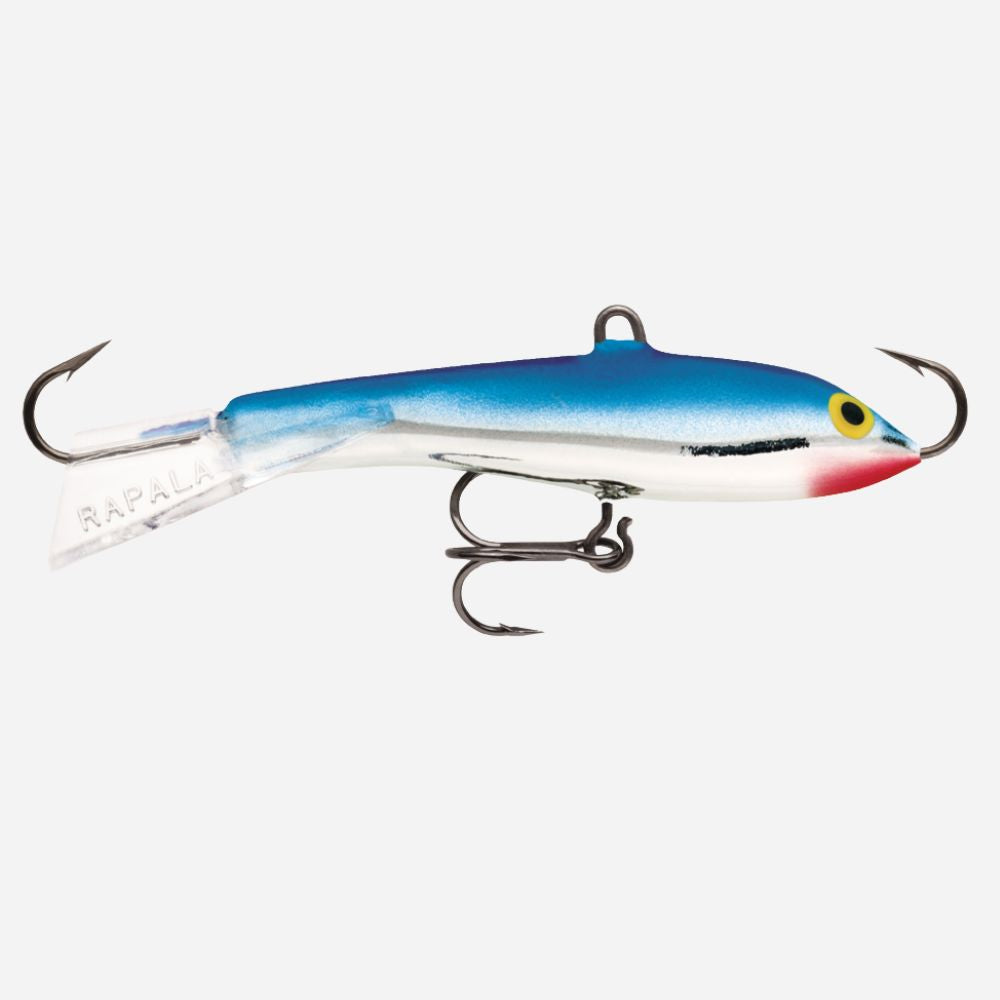 Fishing lure with a blue and white body on a white background