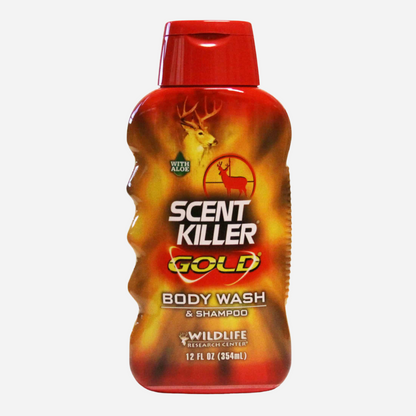 Scent Killer Gold body wash and shampoo bottle with a red cap on a white background