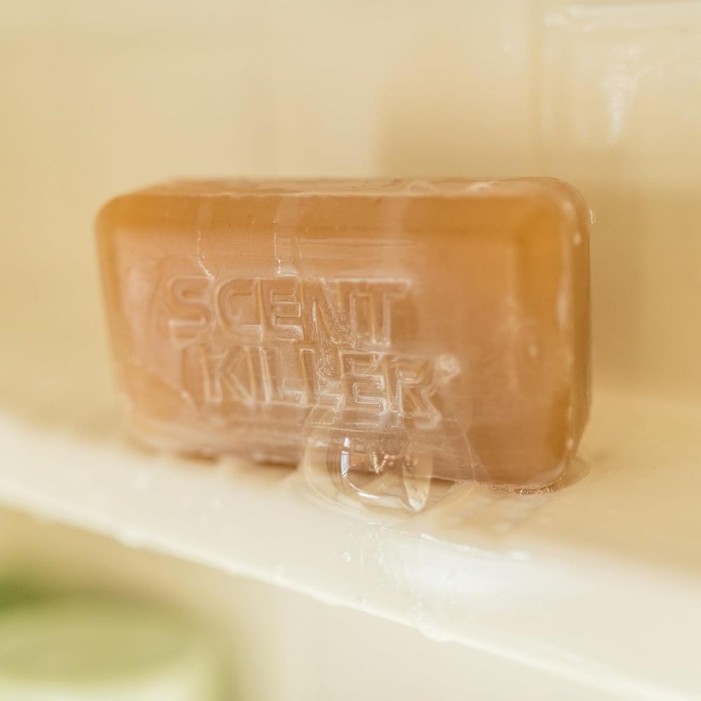 Bar of soap with 'Scent Killer' branding on a beige background