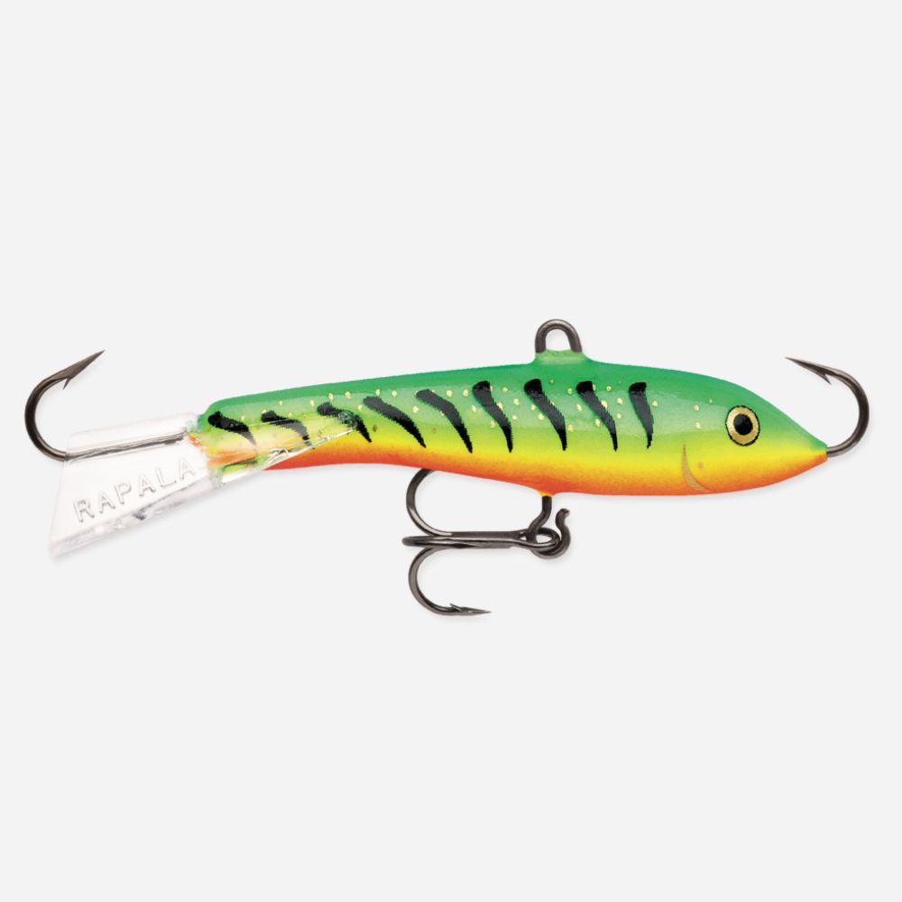 Fishing lure with a green and orange body on a white background