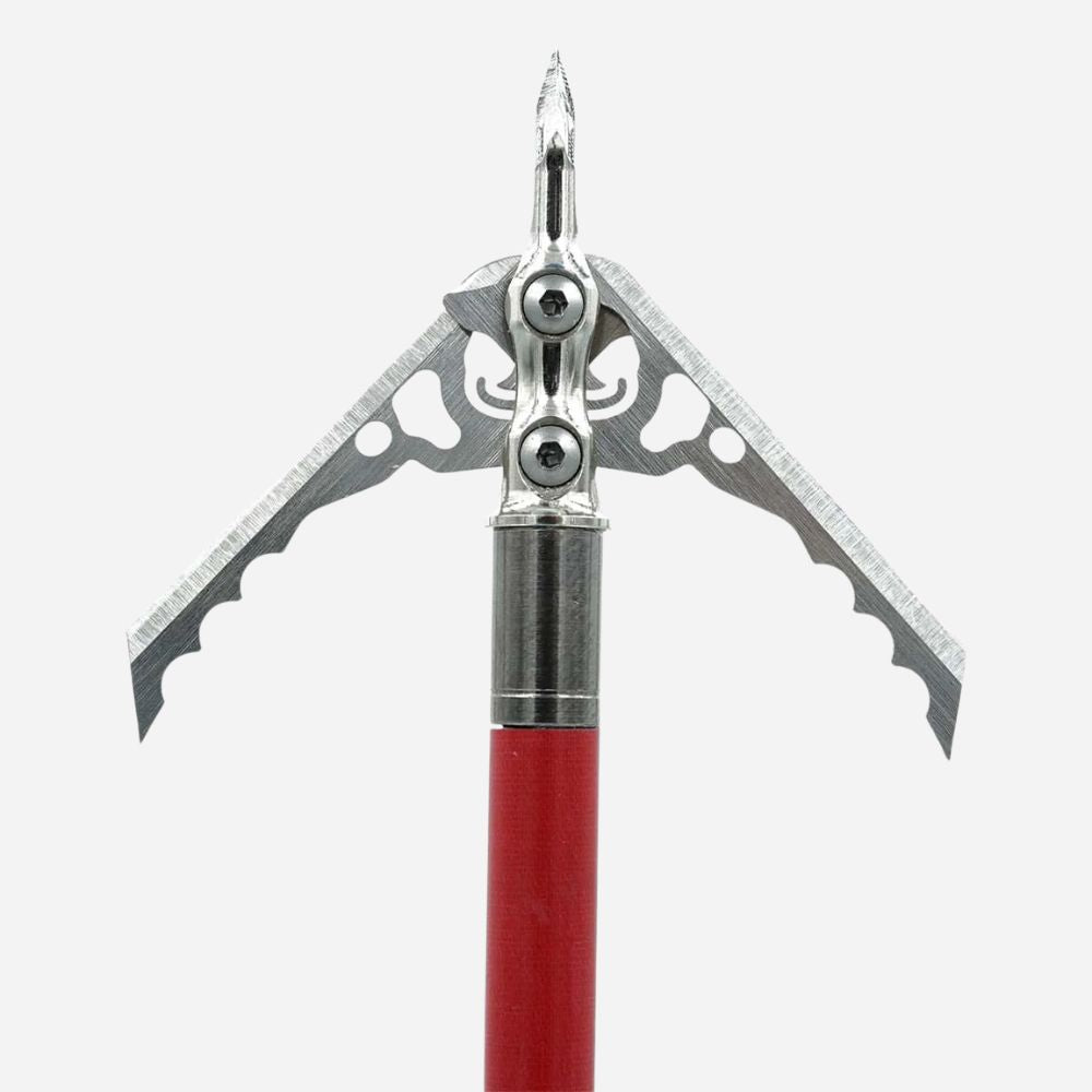 Close-up of a crossbow bolt with a red shaft and metallic head on a white background