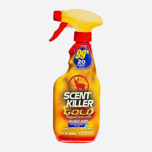 Scent Killer Gold clothing spray bottle on a white background