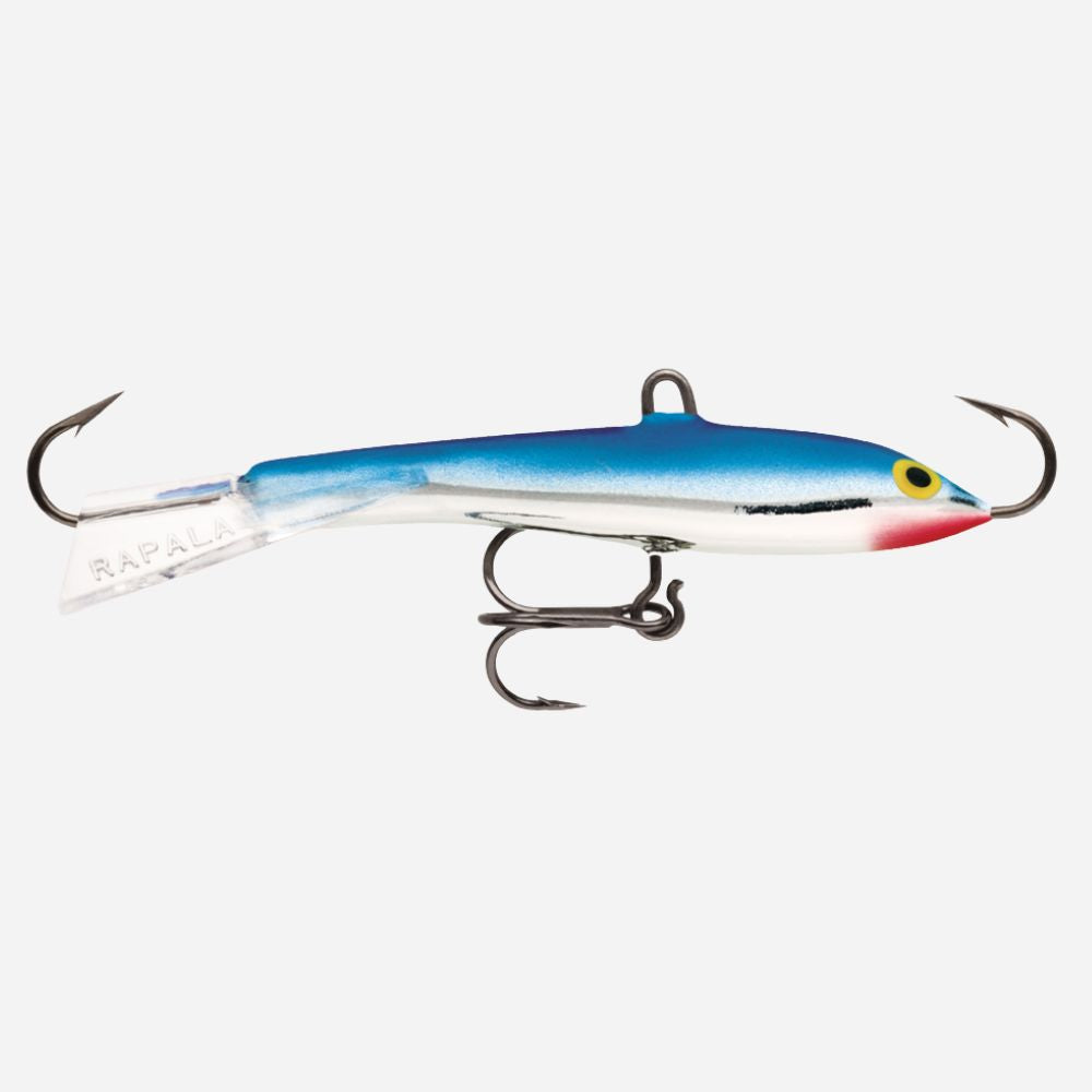 Fishing lure with a blue and silver body on a white background