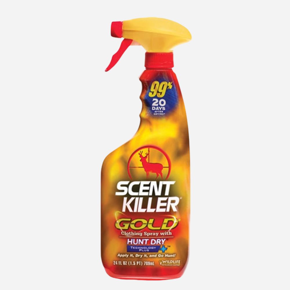 Scent Killer Gold clothing spray bottle on a white background