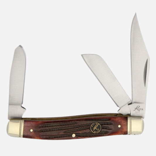Trapper knife with wooden handle and metal blades on a white background
